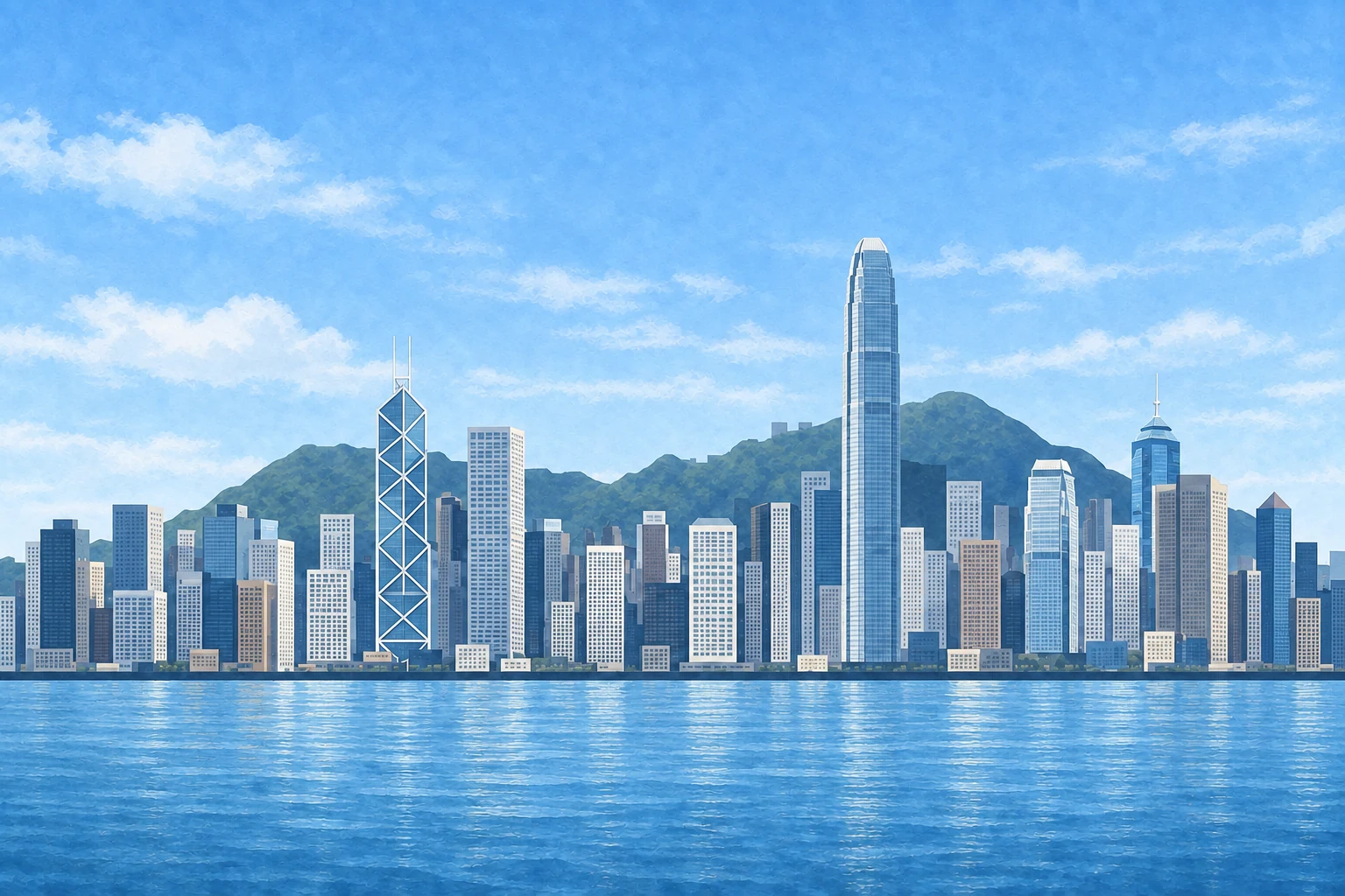 香港维多利亚港与城市天际线的编辑式抽象画面